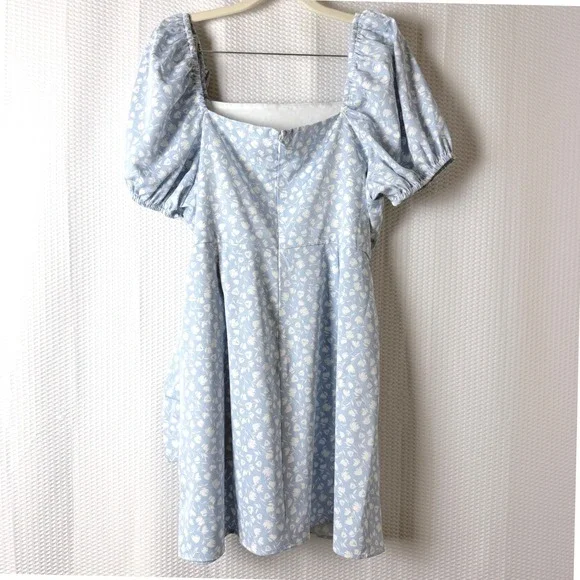 The Frolic Mini Wrap Dress Woven Women's 12 Blue Floral Puff Sleeve Boho Chic - Picture 3 of 9